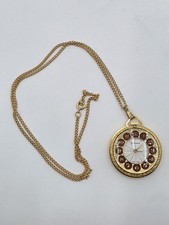Vtg Lucerne Ladies Womens Pocket Watch Pendant Gold Tone Red Burgundy Swiss Made