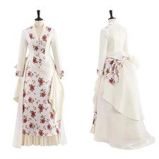 1870s Victorian White Floral Lady Edwardian Bustle Dress Renaissance Historical