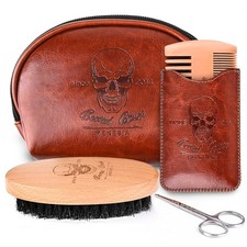 Beard Brush and Comb Set, Boar Bristle Hair Beard Brush Kit with Small Leather