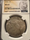 1923 PEACE Dollar NGC MS63 90% Silver With Toning 100th  Anniversary