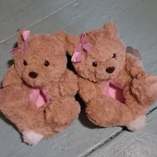 Wonder Nation Bear Faux Fur Slip-On Slippers Bow Non-Slip Brown/Pink 9-10
