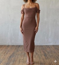 Forever 21 Mauve Mesh Midi Dress Womens Small Off Shoulder Draped Fairy Bodycon