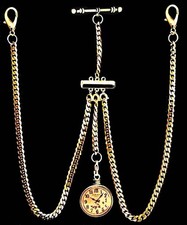 Gold Plated Very Strong Pocket Watch ALBERT Double Chain With Ornate Fob.