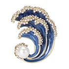 Gold Ocean Wave Blue Brooch – Pearl & Rhinestone Water Pin, Winter Jewelry Gift