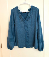 Women's Blue Solid V-Neck Long Sleeve Pullover Blouse Lace Trim Regular