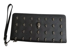 Thomas Wylde Skull Black Wallet Zip Convertible Handstrap New