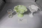Fenton Glass lot of 3, Ruffled Pedestal compote candy dish white/custard, candle