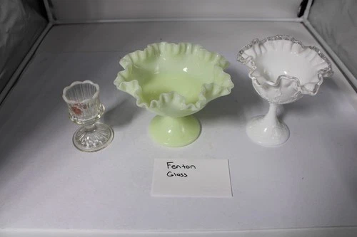 Fenton Glass lot of 3, Ruffled Pedestal compote candy dish white/custard, candle