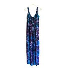 Chaps Womens Blue Purple Tie Dye V-Neck Smocked Empire Waist Maxi Dress Small