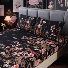 3pcs Black Floral Queen Bed Sheet,Microfiber Flower Bedding Sheet Set,Boho Be...