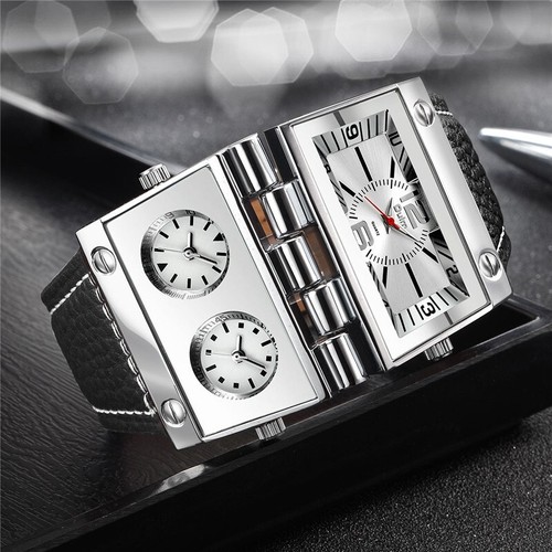 Orologio militare uomo OULM tre fusi orari unico stile punk cinturino pelle - Foto 5 di 13