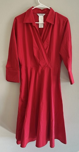 Max Mara Women's Red Lollo Cotton A-Line Dress Collared 3/4 Sleeve | Size 10 US - Picture 5 of 12