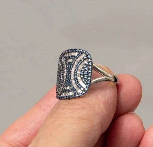 Rarities Womens Sterling Silver Diamond & Sapphire Art Deco Cocktail Ring Size 8 - Image 4 of 4