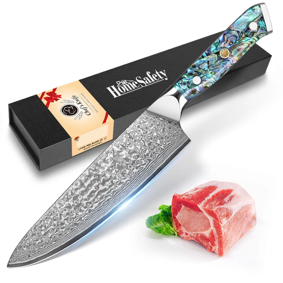 Cuchillo de chef de cocina Damasco VG10 cuchillo de rebanada de acero con mango de abulón regalo Foto 2 de 4