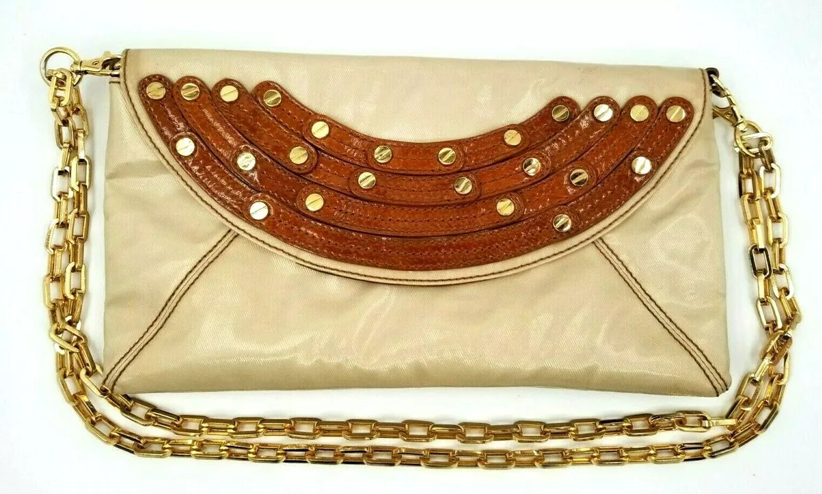 Rare Tory Burch Beige Brown Envelope Clutch with Double Gold
