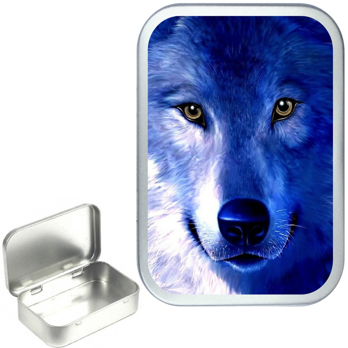 Blue Wolf, Silver Hinged Tobacco Tin, Storage Tin ,Pill Box, Stash ,1oz &  2oz