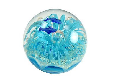 M Design Art Glass Dolphin w/ White Sea Flower Sculpture Small 2.50 Inch size