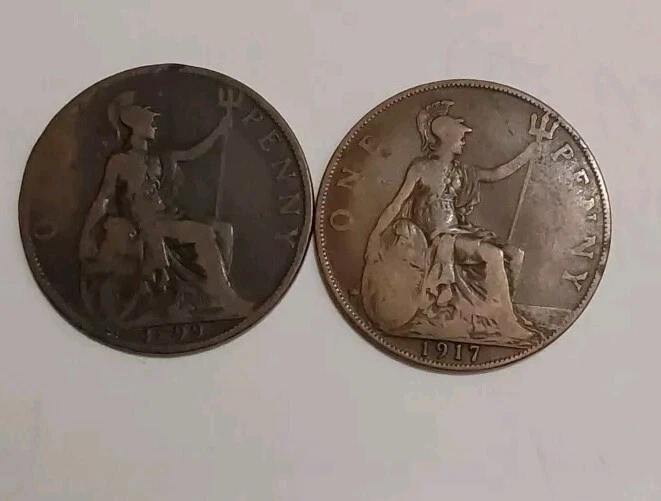 Moedas de bronze grande centavo Reino Unido grupo-1899 e 1917 rainha Vitória/George circuladas 1C - Imagem 4 de 4