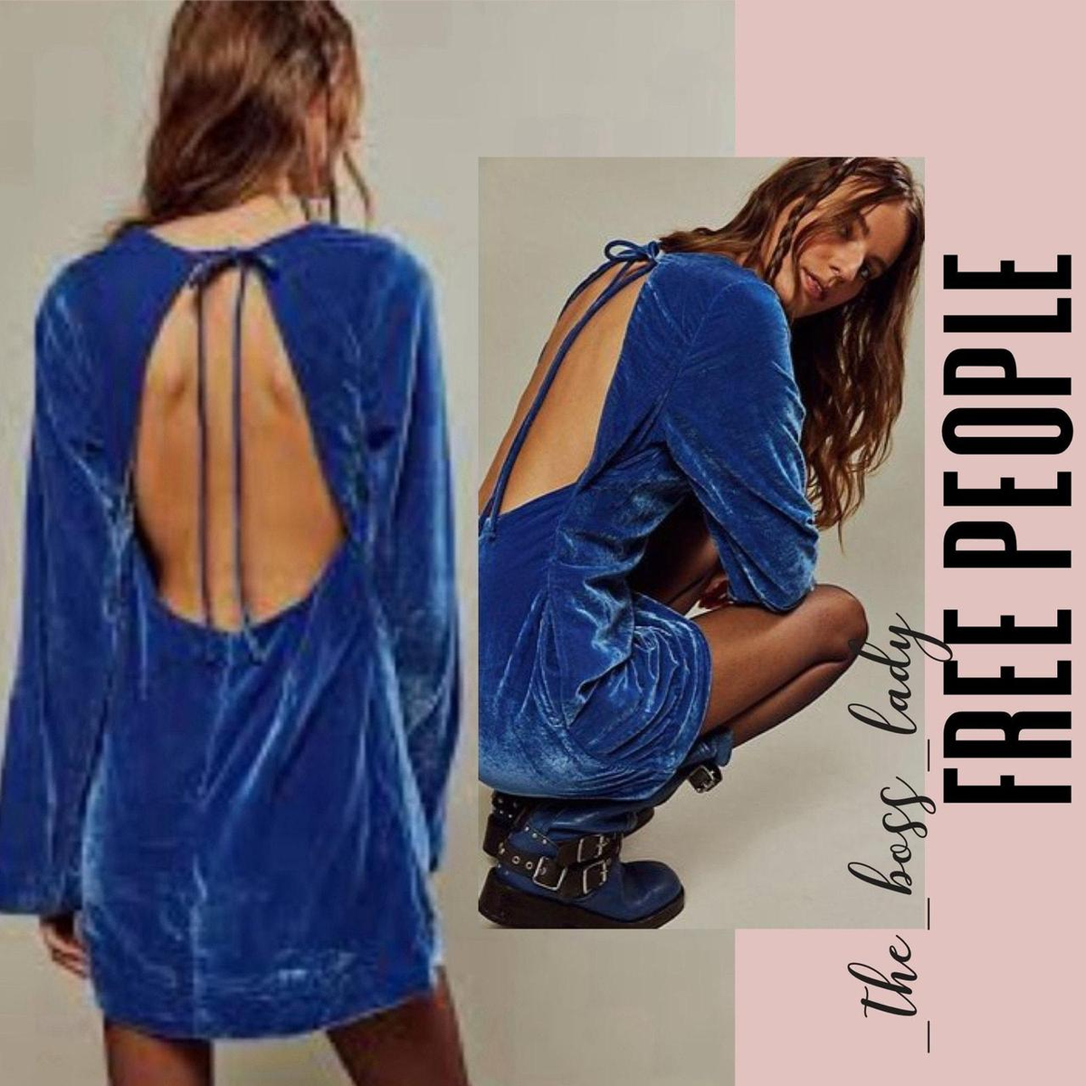 Free People Chelsey Blue Velvet Mini Dress Shift Open Back L/S Sz L NEW |  eBay