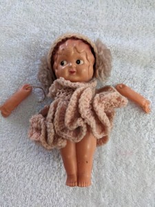 6 1/2" Celluloid girl doll Crochet pink dress and Flapper hat, Arms off-included