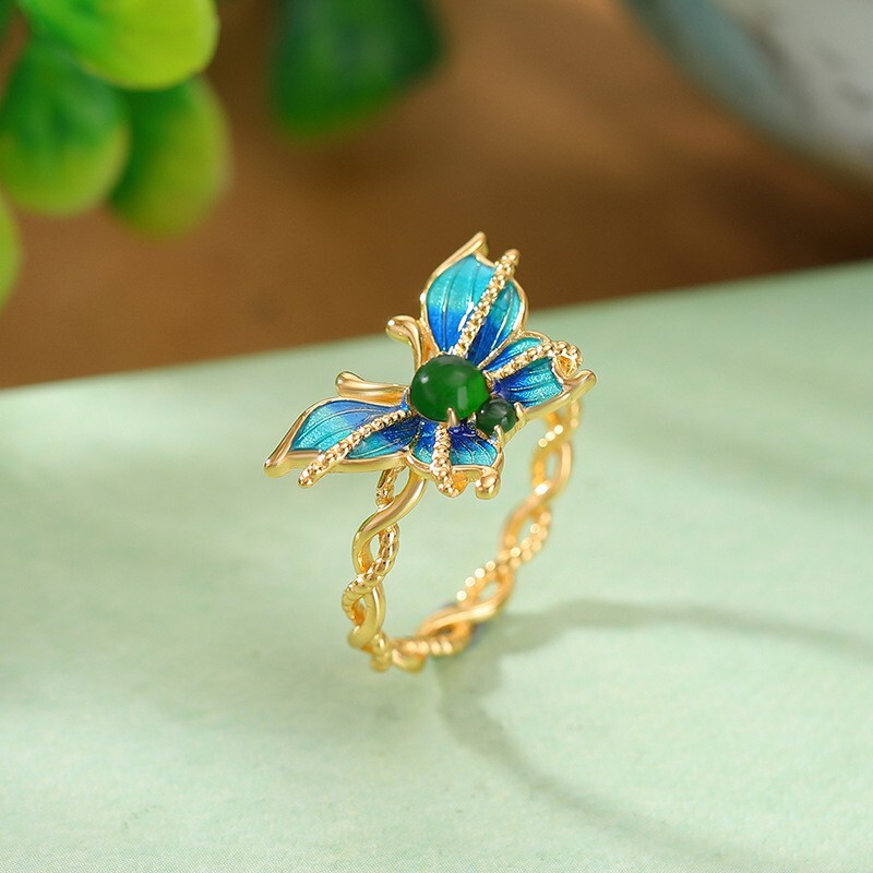 Gold Ring Green Jade Butterfly Ring F02 Ring Butterfly With Blue