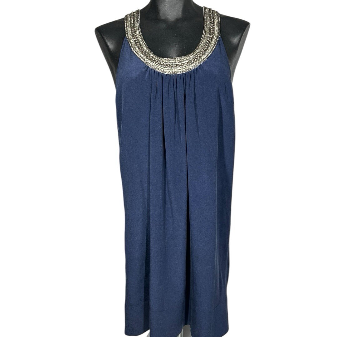 Joie Asela Silk Navy Blue Dress Size Small Beaded Racerback Tank A-Line  D1625