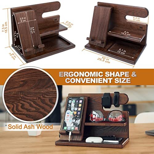 Wood Phone Docking Station Ash Key Holder Wallet Stand Watch Deep Brown - Zdjęcie 7 z 7