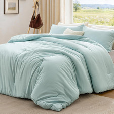 Queen Comforter Set Light Blue, 3-Piece 90 Polyester 10 Linen Blend Bedding Se