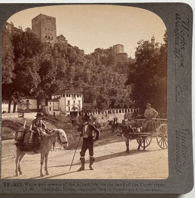 Tarjeta Stereoview Paredes y Torres de la Alhambra a orillas del río Darro