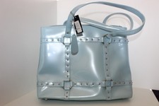 Beijo Light Blue Patent Diaper Bag Tote with Changing Pad & Pockets