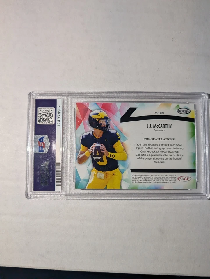 JJ McCarthy 2024 SAGE Aspire Auto Blue Foil Autograph PSA Gem MT 10 - Image 3 of 3