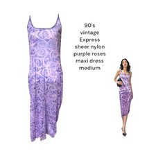 90's vintage Sheer purple roses maxi slip dress medium Express Tricot