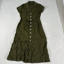 Quince Dress Womens Medium Green European Linen Button Front Tie Waist Minimal