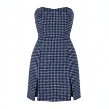 Cider Womens Blue Grid Tweed Strapless Mini Dress Sweetheart Front Slits Size S