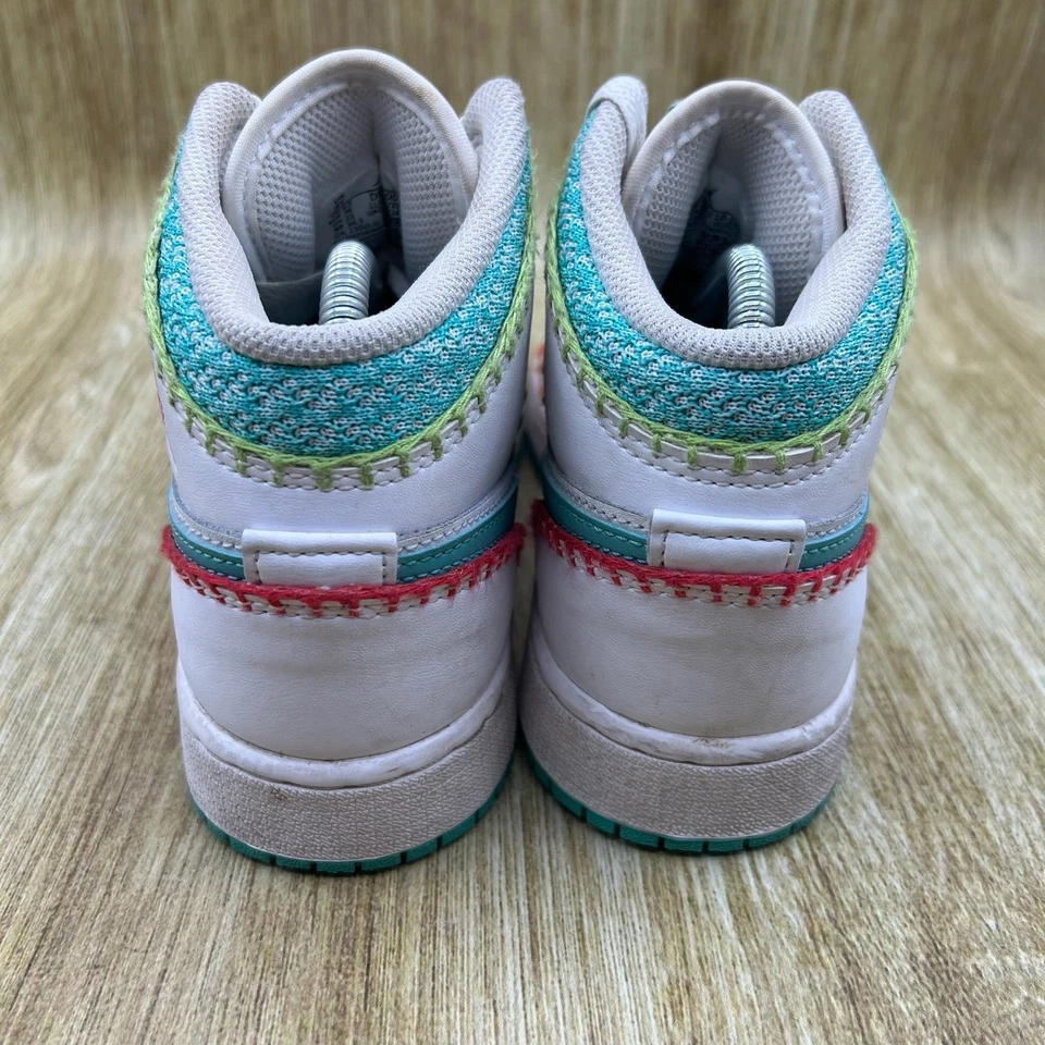 Youth Size 4Y - Nike Air Jordan 1 Mid SE Multi Knit White Teal Orange Sneakers - Image 4 of 4