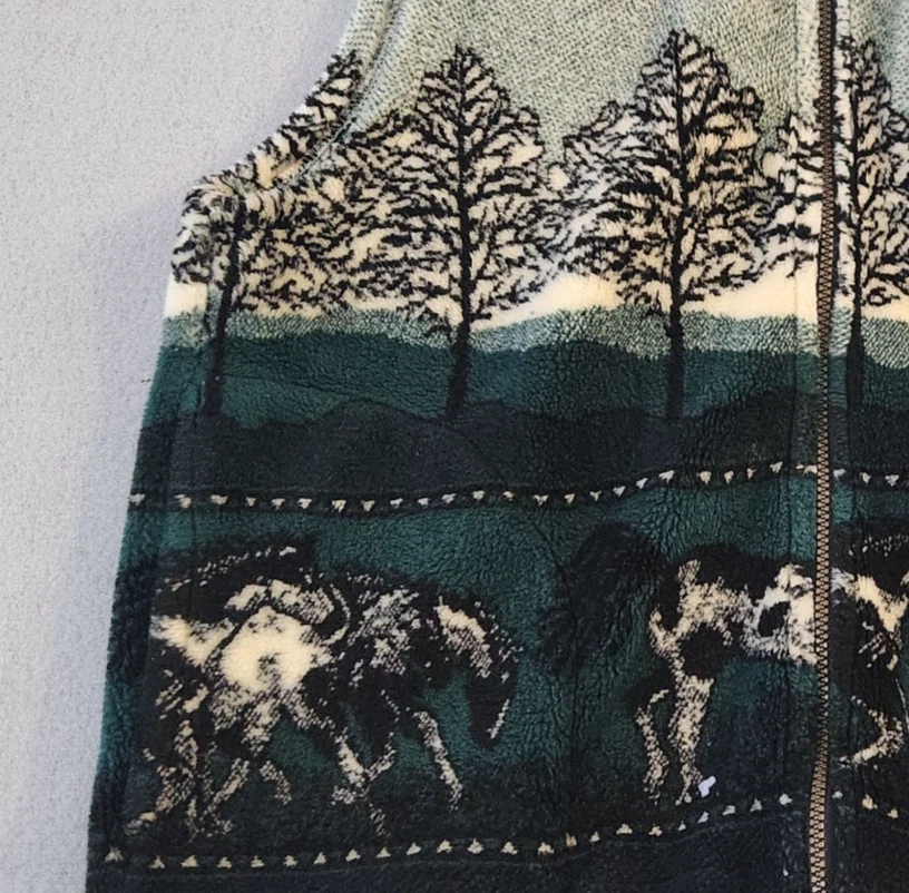 Vtg Outback Trading Vest Adult M Green Horse Graphic Fleece Cowboy Western Rodeo - Image 2 of 4