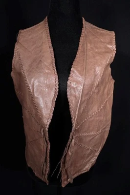 Veste Sans Manches En Cuir Marron Fait Main Vintage 1960-1970 Taille Small - Photo 1/3