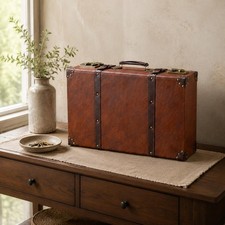 Vintage Leather Suitcase Metal Corner Guards Hard-Sided Leather Suitcase