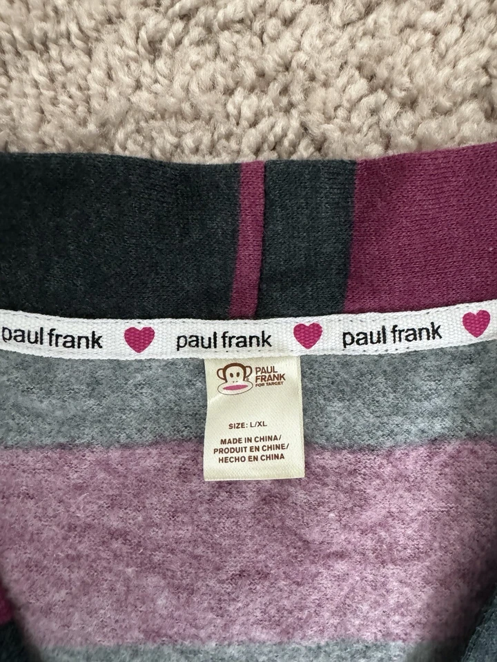 Bata vintage para mujer Paul Frank, ciruela/gris a rayas con ciervo y corazón talla L/XL Foto 3 de 4