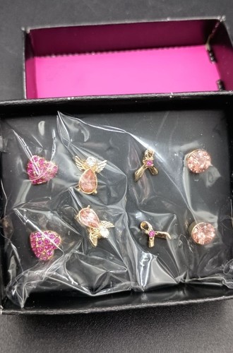 Avon Breast Cancer Aware 4 Pink Crystal Stud Earrings Set Angel Heart Ribbon NWB