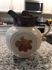 McCOY PITCHER #202 PINEAPPLE STRAWBERRIES FRUIT DESIGN BROWN POTTERY White