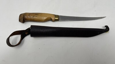 J Marttiini FINLAND -Fishing -Filet Knife & Leather Sheath 6  Blade Signed