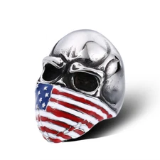 Mens Stainless Steel Large American Flag Mask Skull Biker Ring Size 7-15