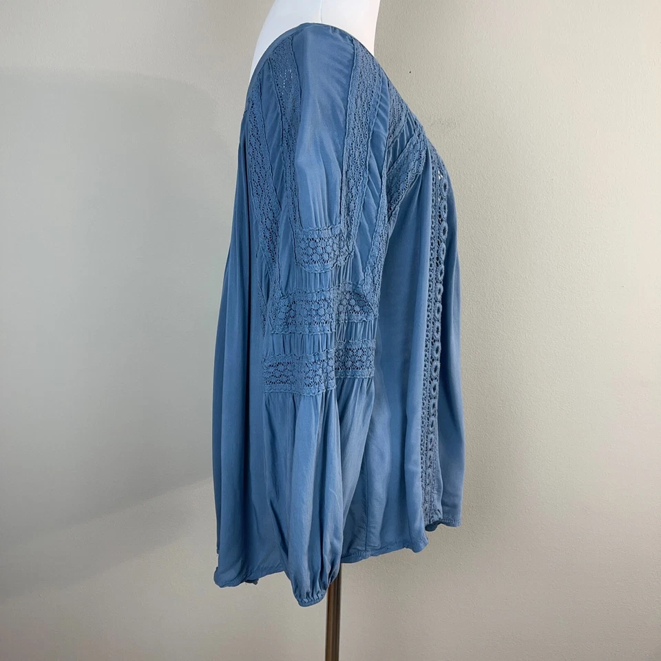 Blusa Top Tempo Paris Mujer M Azul Crochet Encaje Plisado Boho Campesino Ligera Foto 4 de 4