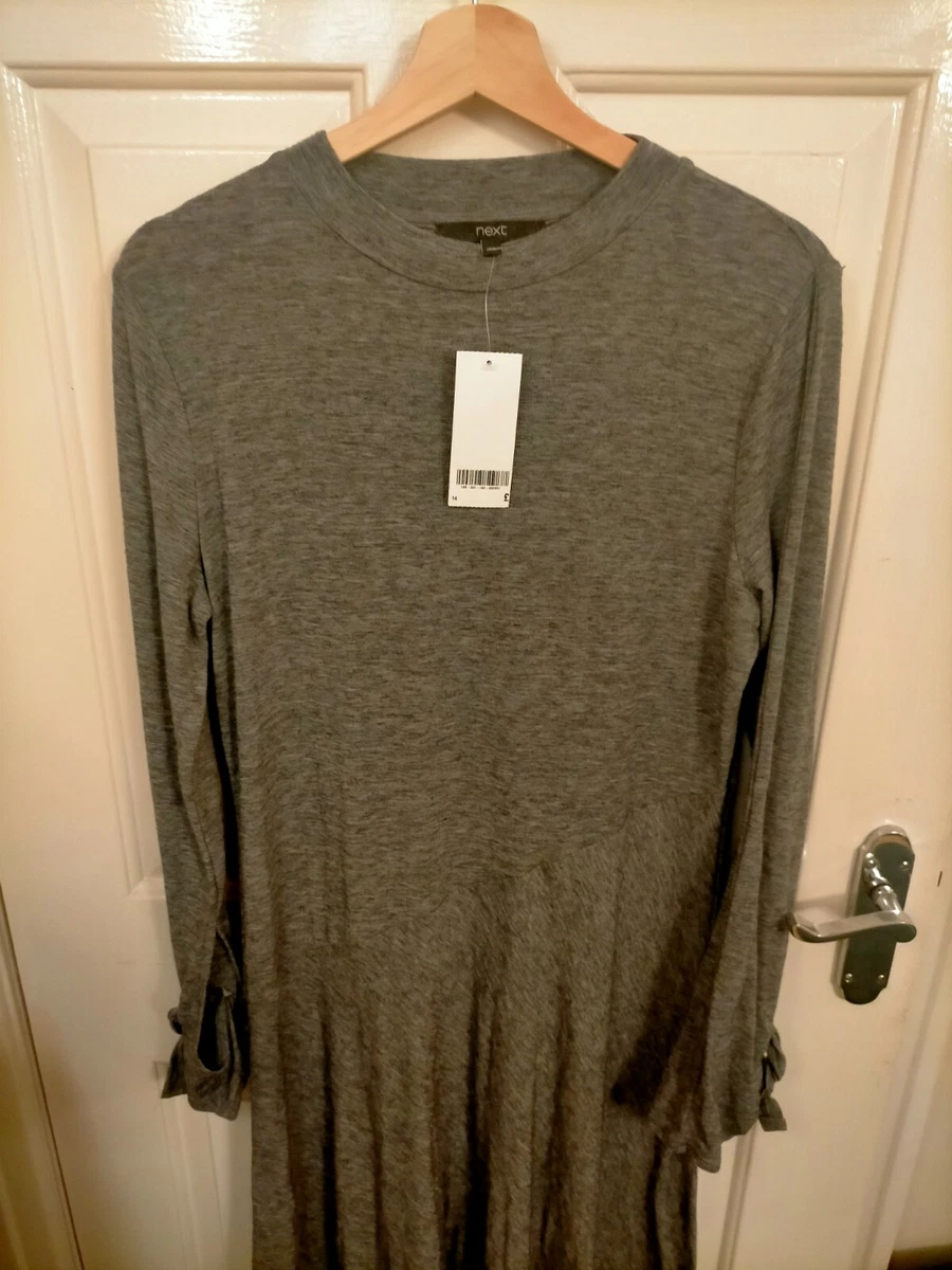 NEXT Grey Long Sleeved Tie Sleeve Midi Floaty Casual Dress Size 14