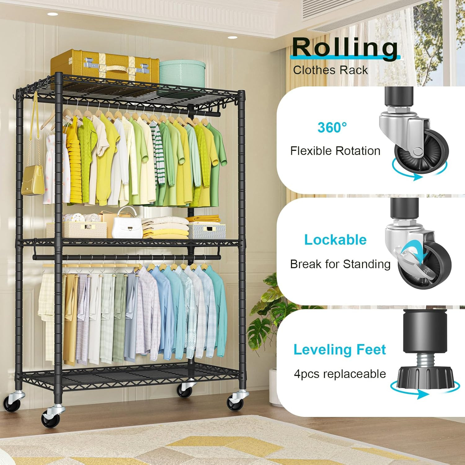 P3 plus Rolling Clothes Rack, Clothing Racks for Hanging Clothes, Heavy Duty Gar