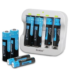 AA + AAA Battery Kratax 1.5V Rechargeable Lithium Li-ion Batteries with Charger