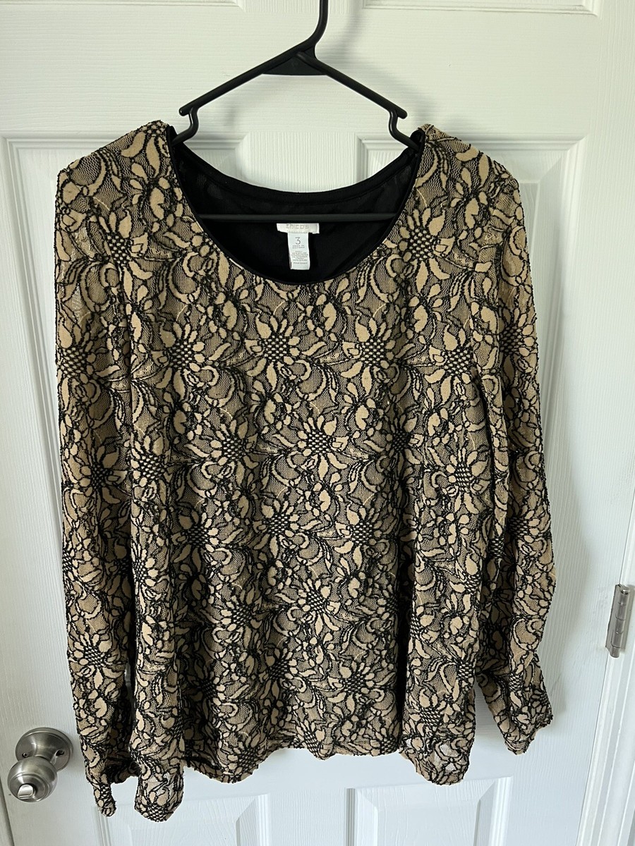 Chicos Womens Lace Top Gold Black Floral Lightweight Long Sleeve