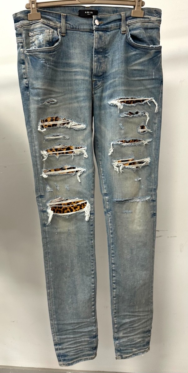 AMIRI MEN'S CLAY INDIGO LEOPARD THRASHER JEANS SIZE 30 NWT