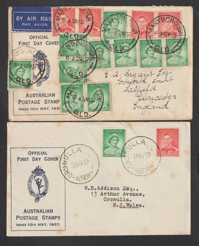2 Australia 1937 FDC Cover QE2 KGVI MARYBOROUGH QLD CRONULLA NSW Postmark
